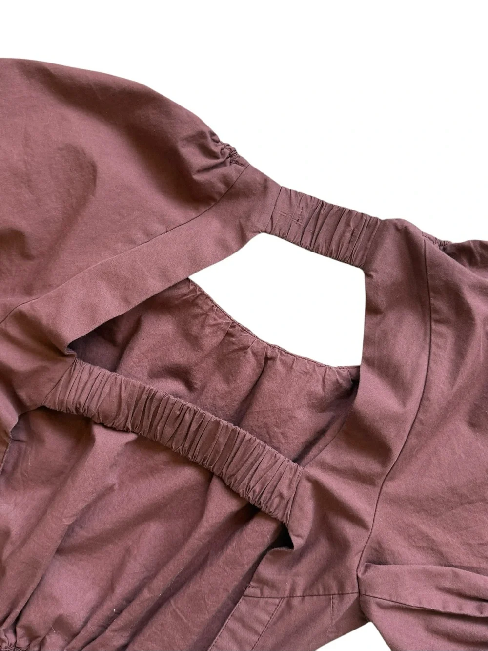 Abercrombie Ruched Puff Sleeve Cutout Midi Dress S Petite Brown Poplin Romantic